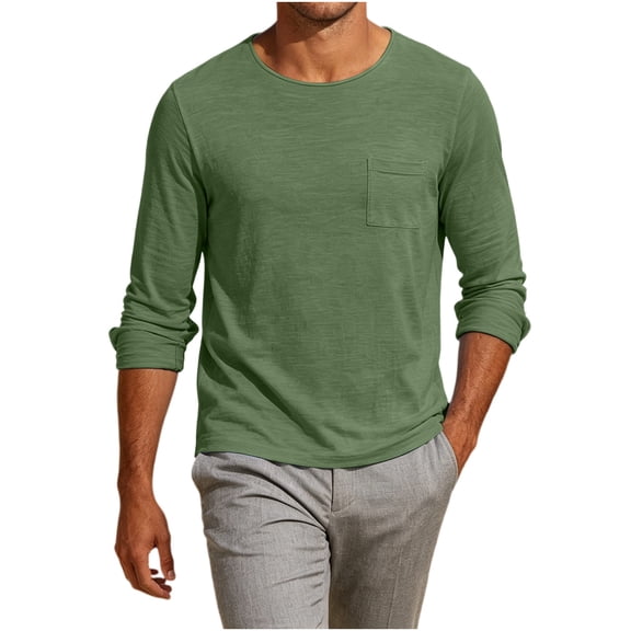 Guluxicc Men's Cotton Long Sleeve Shirts with Pocket Crew Neck Pullover Classic Fit T Shirts Summer Casual Outfits