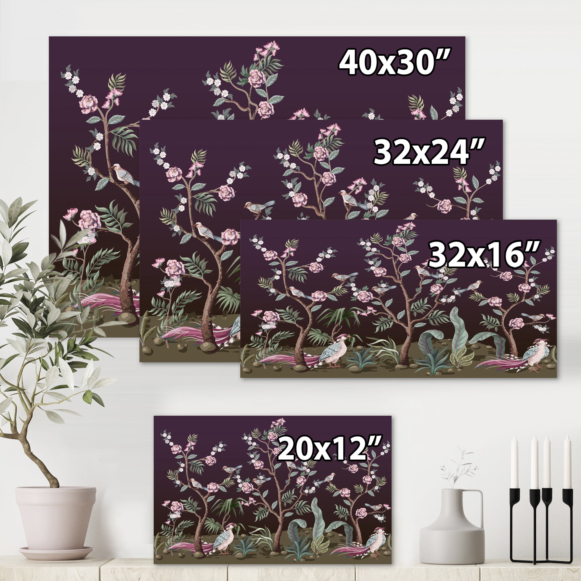 Chinoiserie With Peonies and Birds I 32 in x 16 in Painting Canvas Art Print, by Designart