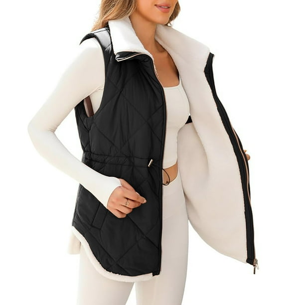 Chaquetas y abrigos casuales sin mangas y sin capucha para mujer, chalecos de invierno para mujer, chaqueta polar sin mangas, cuello alto con cremallera, abrigo largo cálido con cordón y bolsillos, ro