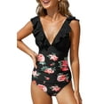 thumbnail image 1 of Ladies One Piece Swimsuit Ruffle Tie Beach Swimwear Belly Swimsuit (black Red Flower), 1 of 1