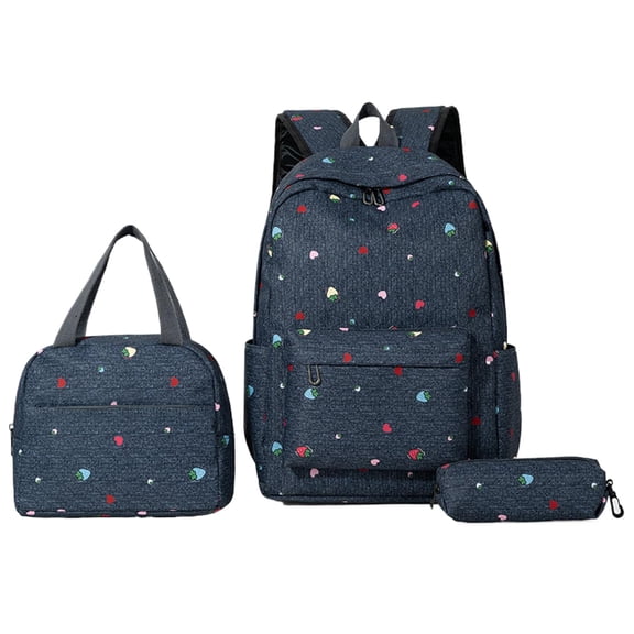 HUISZJ 3Pcs Strawberry Printed School Backpack, Students Bookbags Set with Lunch Box, Cute Daypack Bag Set for Women College (Black)