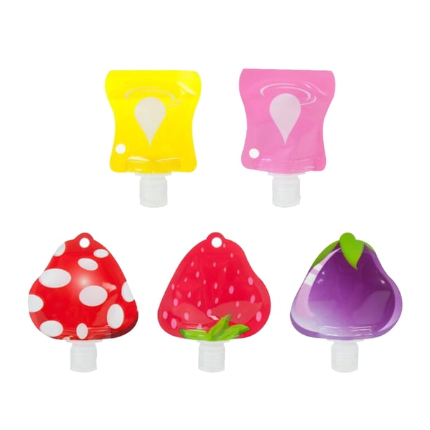 5 piezas Forma de fruta Botellas de viaje portátiles Envases blandos Recargables Recipientes Desinfectante de manos Champú Loción Gel de ducha Jabón líquido Juegos de contenedores Accesorios de viaje