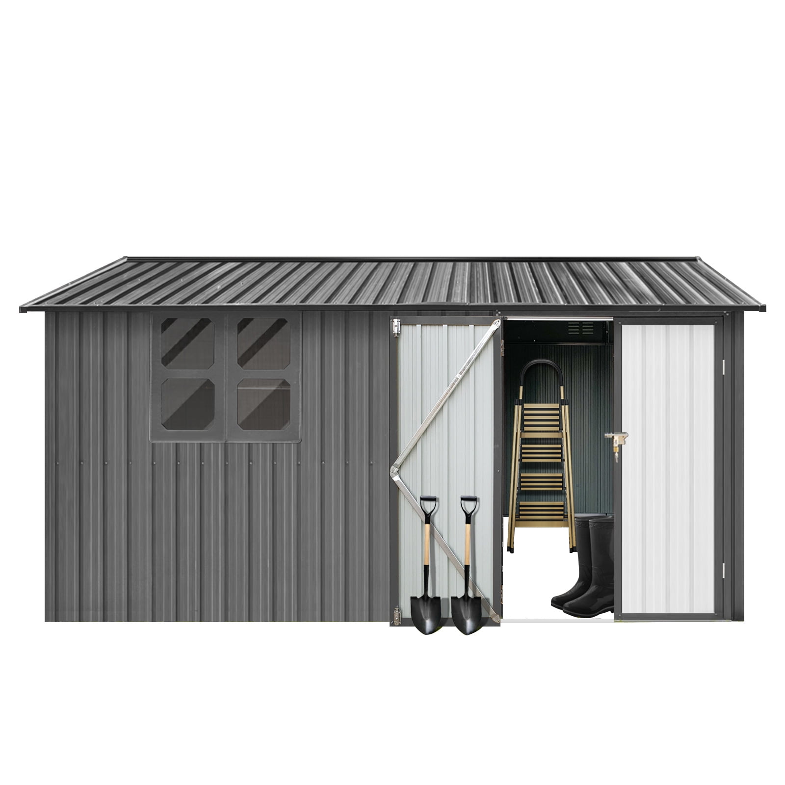 Mintazer 12×10 Ft All-Weather Metal Outdoor Storage Shed, Large Garden Tool Storage Building with Window for Backyard Lawn Patio, Gray