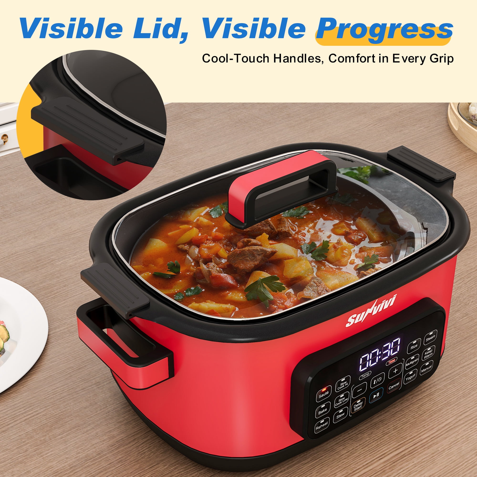 Sunvivi 12-in-1 Digital Programmable Slow Cooker, 6.5 QT Large Multicooker, Multi-Cooker with Timer, Temp Control, Red