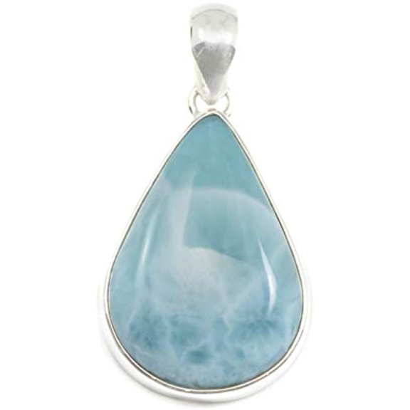 Sterling Silver Larimar Necklace Pendant Soft Light Blue Gemstone Teardrop Shape 1.4 Inch