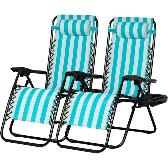 Nazhura Foldable Beach Chair with Pillows -Set of 2, Steel Light Blue Stripes