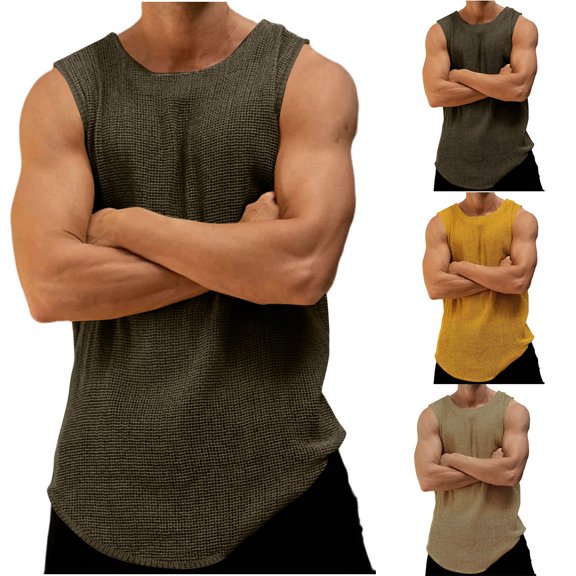 Mens Knitted Tank Tops Casual Breathable Sleeveless Hollow Out Crochet T-Shirts Muscle Summer Beach Hippie Shirts Size 3XL Yellow
