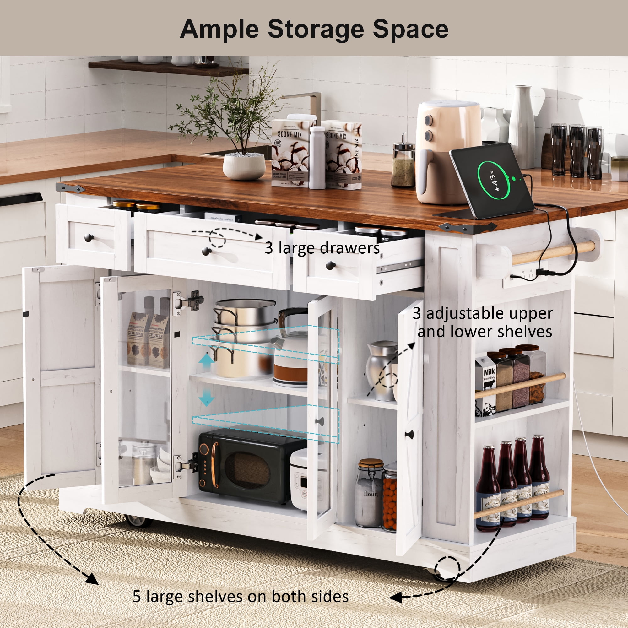 Euroco 53'' Farmhouse Kitchen Island with Two Tempered Glass Cabinet Doors，Rolling Kitchen Cart on Wheels