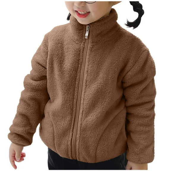 IVEYRTF Kids Faux Fleece Lined Zipper Jacket Long Sleeve Stand Collar Casual Warm Winter Outerwear for Boys and Girls Soft Cozy Pullover Top for Cold Weather Daily Wear(Brown,1-2 Years)