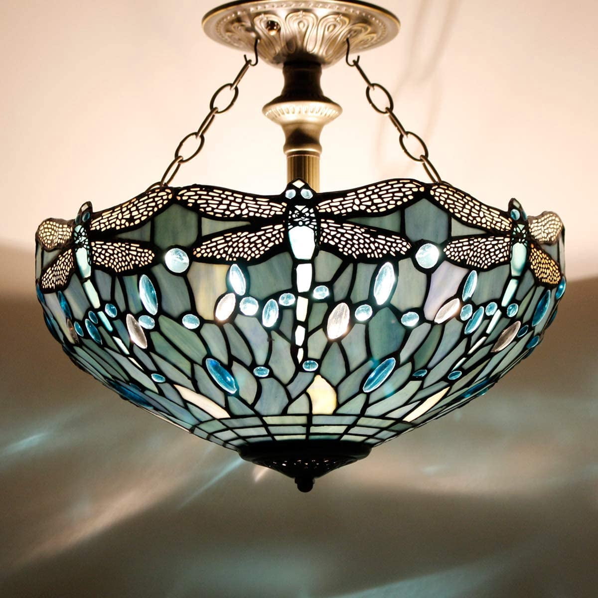 Tiffany Ceiling Light Fixture Semi Flush Mount 16" Sea Blue Stained Glass Dragonfly Shade Close to Dome Island Boho Hanging Lamp Decor Bedroom Kitchen Dining Living Room Entry Foyer Hallway WERFACTORY
