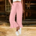 thumbnail image 2 of Hngshg Womens Capri Pants Summer Beach Vacation Ruffle Wide Leg Pants Loose Leisure Solid Color Drawstring Trousers with Pockets, 2 of 7