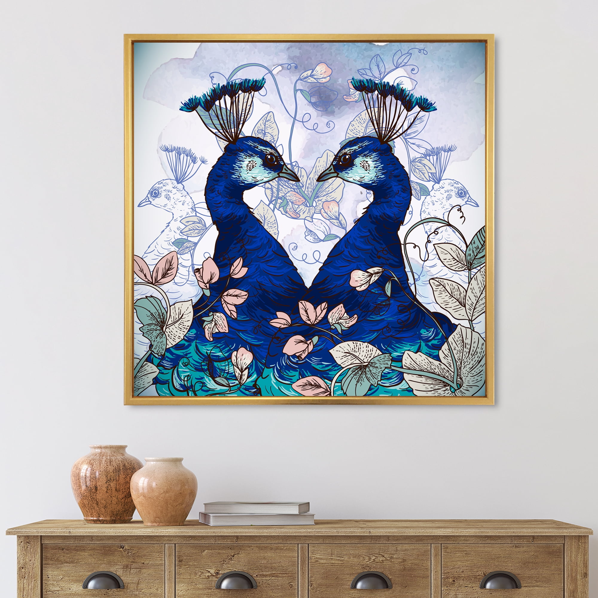 Designart 'Wildflowers With Two Blue Peacocks' Traditional Framed Canvas Wall Art Print