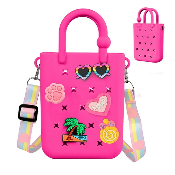 Mini Rubber Tote Bag, EVA Waterproof Beach Tote for Little Girls And Woman, Silicone Hole Small Beach Tote for Travel Outdoor, Cute Rubber Beach Bag with 20 Charms & Adjustable Shoulder Strap