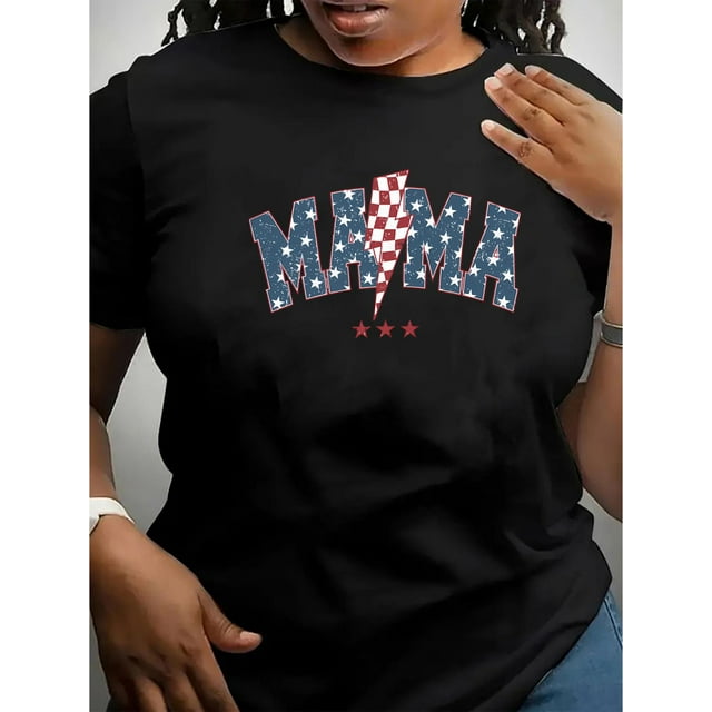 1 Pce T-Shirt Décontracté à Col Rond pour Femmes avec Imprimé Drapeau, Tissu Polyester Extensible Moyen, Haut à Manches Courtes à la Mode pour Toutes les Saisons Fête des Pères, Fête des Mères, Nouvel An, Festival de Printemps, Saint-Valentin