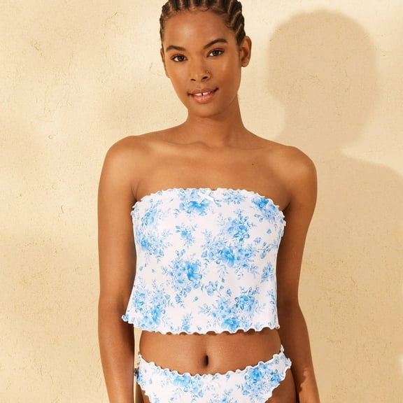 Women's Ruffle Edge Bandeau Cropped Tankini Top - Wild Fable‚Ñ¢ Blue Floral Print XS