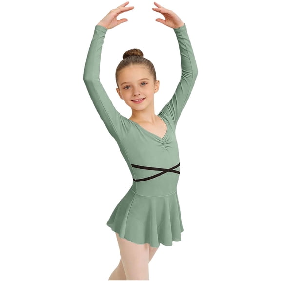 Girls Ballet Dress Long Sleeve V Neck Chiffon Skirt Dance Leotard Nylon Spandex Sage Green for Kids,Size 11-12 T