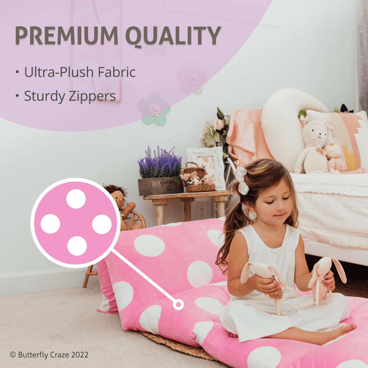 Butterfly Craze Floor Pillow Bed Lounger Cover, Cozy & Stylish Seating Solution for Kids & Adults, Recliner Floor Cushion for Ultimate Comfort, Holds 5 Pillows, Cover Only, Light Pink Polka Dot, King