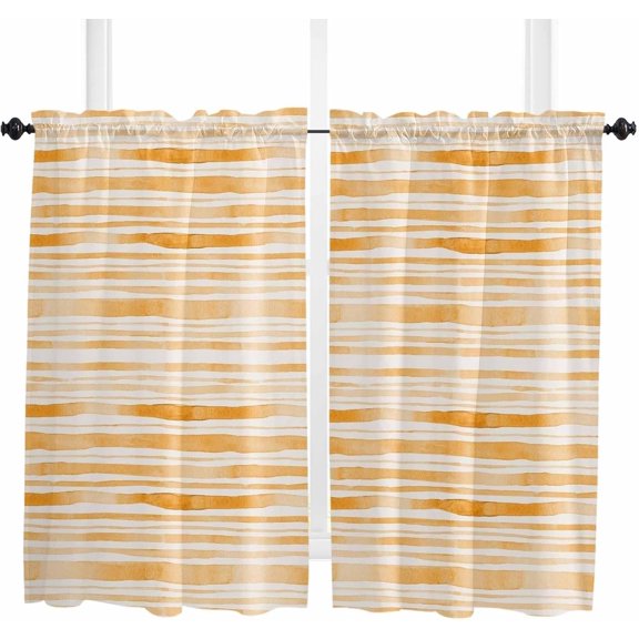 Orange Striped Kitchen Curtains 63 Inch Length, Farmhouse Curtains & Drapes, Watercolor Orange White Stripes Rod Pocket Window Curtains for Living Room/Bedroom/Bathroom, 52" x 63", 2 Panels