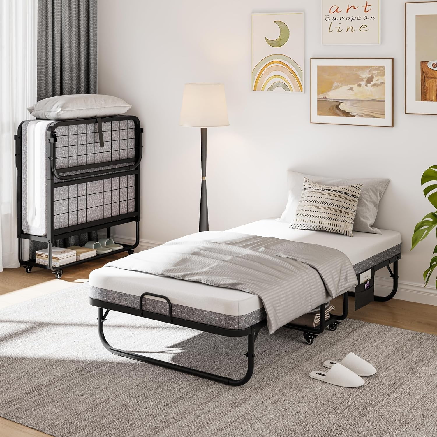 iPormis Folding Bed with Mattress, 76x38 Twin Size with Storage Shelf & Side Pocket, Portable Roll Away Adult Beds for Guests, Portable Bed with Lockable Wheels-Sturdy Metal Frame , Space Saving