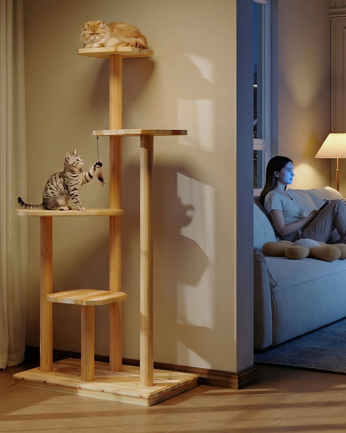 LAZZO 4-Tier Wooden Cat Tree, Multi-Level Cat Tower for Climbing, Resting & Scratching, Natural Wood