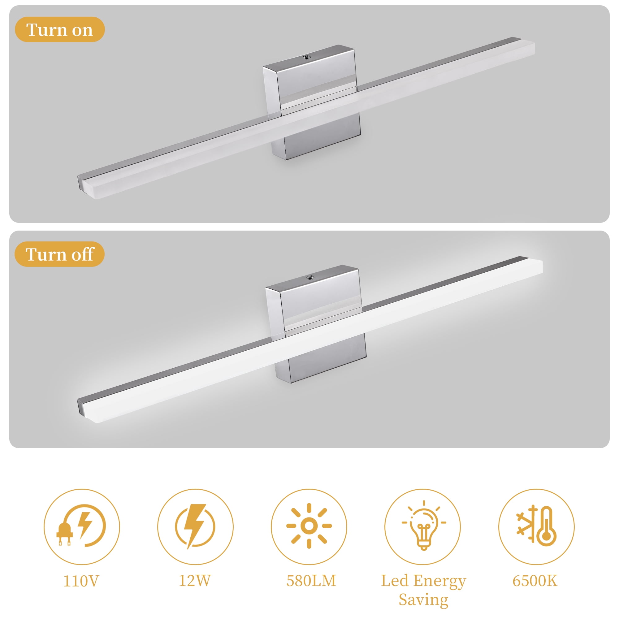 Modern Chrome LED Vanity Lights, LED Bathroom Light Fixtures Over Mirror Bathroom Wall Sconce Bar for Bathroom Mirror Cabinets Bedroom(23.62"-12W)