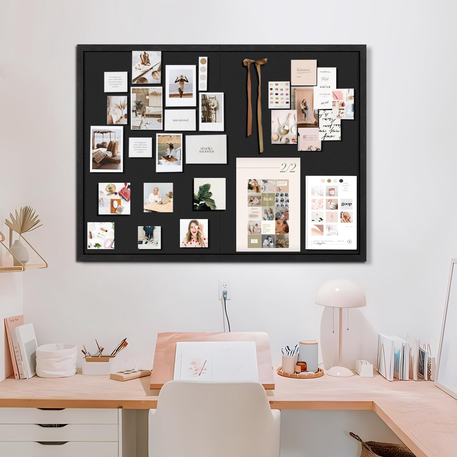 Large Bulletin Board 48x36 inch with Linen Cork Boards Wall Decor Hanging Pin Wood Framed Display Bulletin Cork Photo Picture Board Light for Room School Office 30-Pushpin Black
