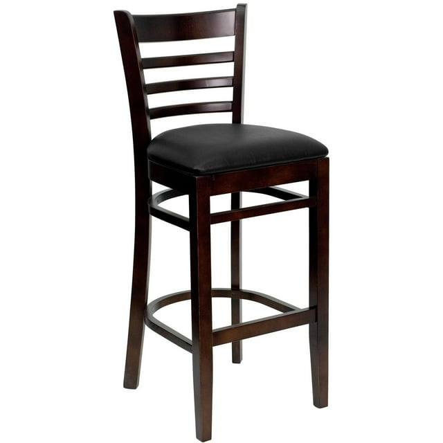 HERCULES Series Ladder Back Walnut Wood Restaurant Barstool - Black Vinyl Seat