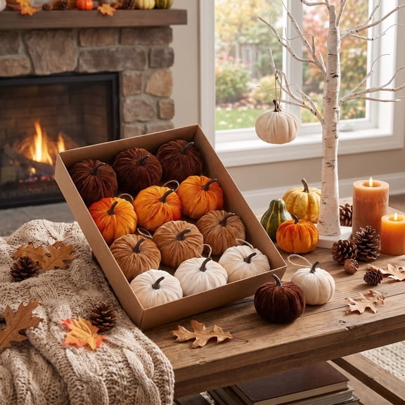Pumpkin Decor 12pcs Artificial Velvet Fall Thanksgiving Decoration, Fall Harvest Thanksgiving Halloween Farmhouse Tabletop Decor