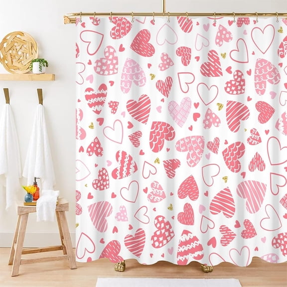 Valentine''s Day Shower Curtain, Sweet Pink Heart Shower Curtain Set for Bathroom Waterproof Fabric Romantic Shower Curtain with Hooks, 72x84 Inch