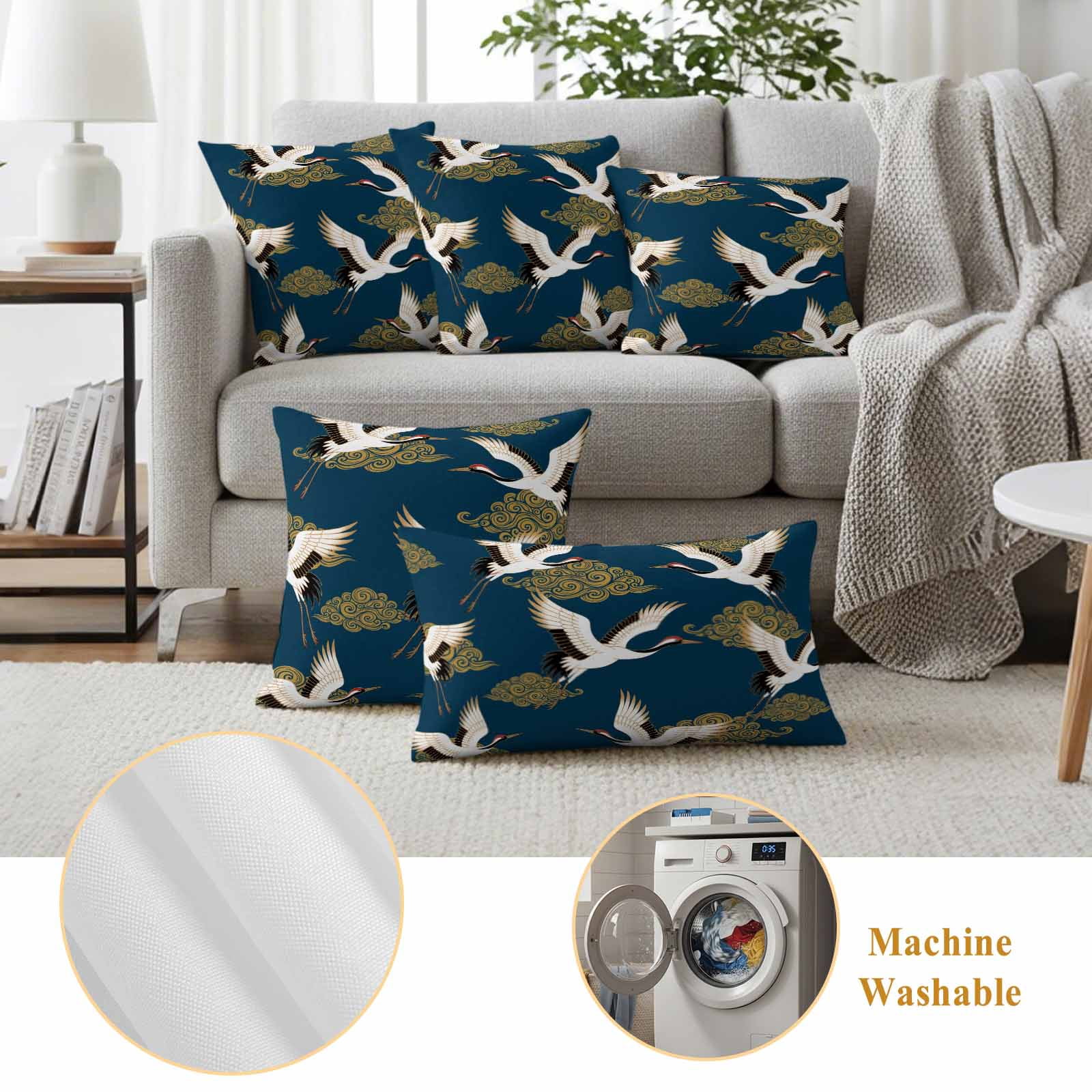 White Crane Outdoor Waterproof Throw Pillow Covers 18x18 Set of 2, Vintage Chinese Cloud Art Blue Gold Decorative Pillowcases Cushion Pillowcase for Couch Sofa Patio Outside Pillow Protector