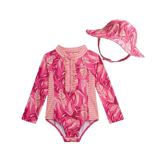 Jessica Simpson Toddler Girls' Rashguard Swimsuit with Hat, Sizes 12M-24M