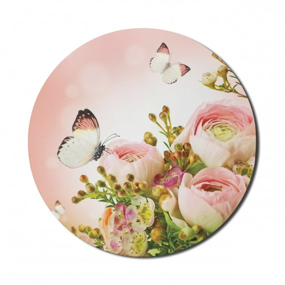 Butterfly Mouse Pad for Computers, Pastel Colored Blossoming Roses with Spring Season Insects Romantic Feminine, Round Non-Slip Thick Rubber Modern Gaming Mousepad, 8" Round, Multicolor, by Ambesonne