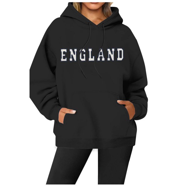 WEAIXIMIUNG Robe Chandail en Molleton avec Poches Style Britannique à la Mode pour Femmes Imprimé Lettre Poche à Cordon Col Rond Manches Longues Chandail à Capuchon de Sport Décontracté (1)