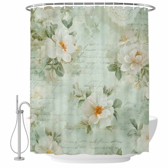Camellia Flower Shower Curtain Set with Hooks, White Floral Mint Green Boho Vintage Water Repellent Shower Curtains for Bathroom Decor Sturdy Shower Curtain, Machine Washable 60x72 Inch