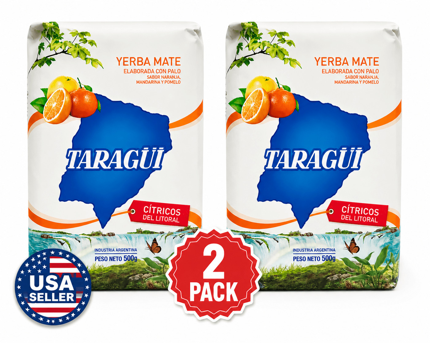 2 Pack Taragui Yerba Mate Citricos del Litoral with Orange, Lemon and Grapefruit Peel- Taragui Citrics- Loose Leaf- Energy Booster-  500-Gram/1.1lb each