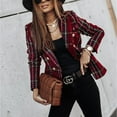 thumbnail image 3 of ZEHJUHAN Women's Double-Breasted Check Blazer - Plaid Trench Style Long Sleeve Coat for Office & Casual Wear Wine Red，S, 3 of 6