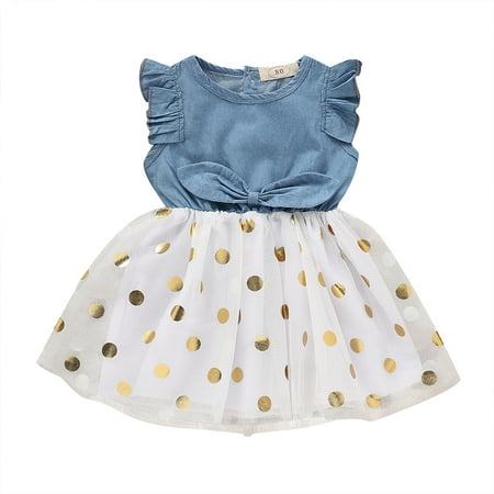 

Qiylii Baby Girls Ruffle Sleeveless Dress Denim Splice Polka Dot Dress Summer Toddler Princess Tutu Dress