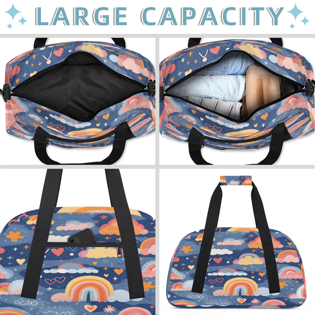 Herdesigns Cute Rainbow Sports Duffle Bag for Women & Men, Cute Retro Gym Bag Dance Bag Overnight Bag Carry On Weekender Travel Bag