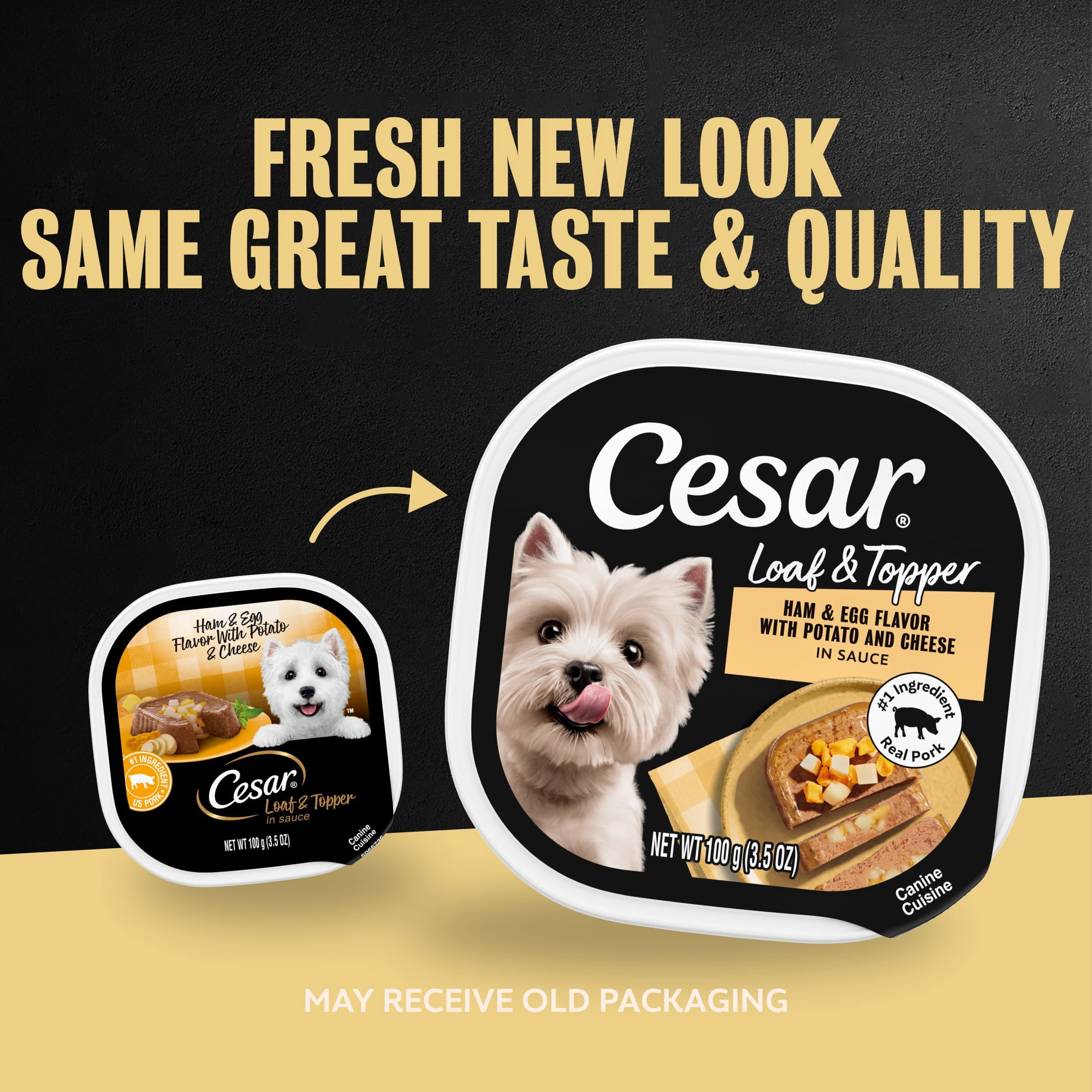 (24 pack) Cesar Loaf & Topper In Sauce Ham & Egg Flavor With Potato & Cheese Wet Dog Food, 3.5 Oz Tray