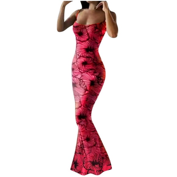 Cold Shoulder Dress for Women Print Adjustable Shoulder Strap Round Neck Sleeveless Long Dress Summer