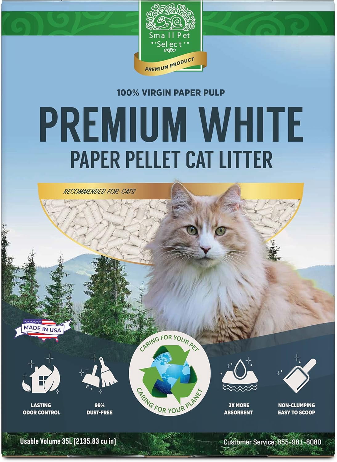 Small Pet Select - Premium White Paper Pelleted Cat Litter for Litter Pans - Lightweight & Odor Controlling Non-Clumping Paper Pellets Safe for Kittens and Senior Cats - 35L