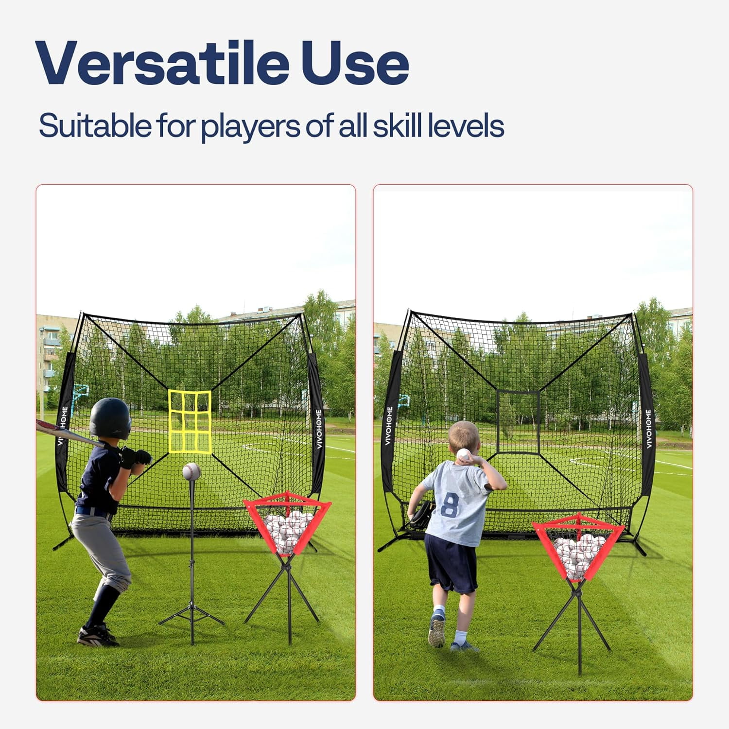 SPECSTAR Baseball Net, 7 x 7 ft Baseball Softball Hitting Net with Large Ball Collection System, with 2 Strike Zone, Batting Tee, Caddy, Carry Bag
