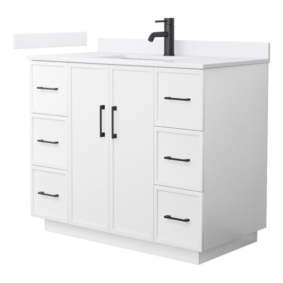 Elan TK 42" White Single Vanity & White Quartz Top (1-Hole) & Black Trim