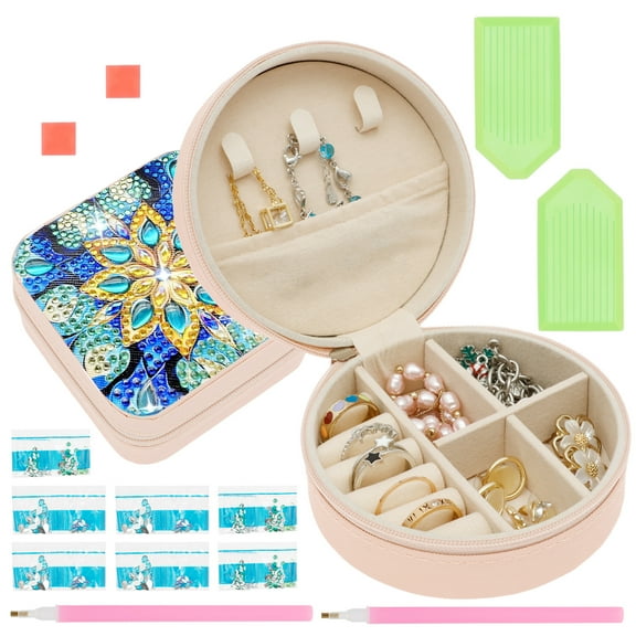 Grusce 2pcs DIY Diamond Art Jewelry Storage Box for Girls and Women Portable Diamond Art Jewelry Organizer for Travel and Daily Square and Round