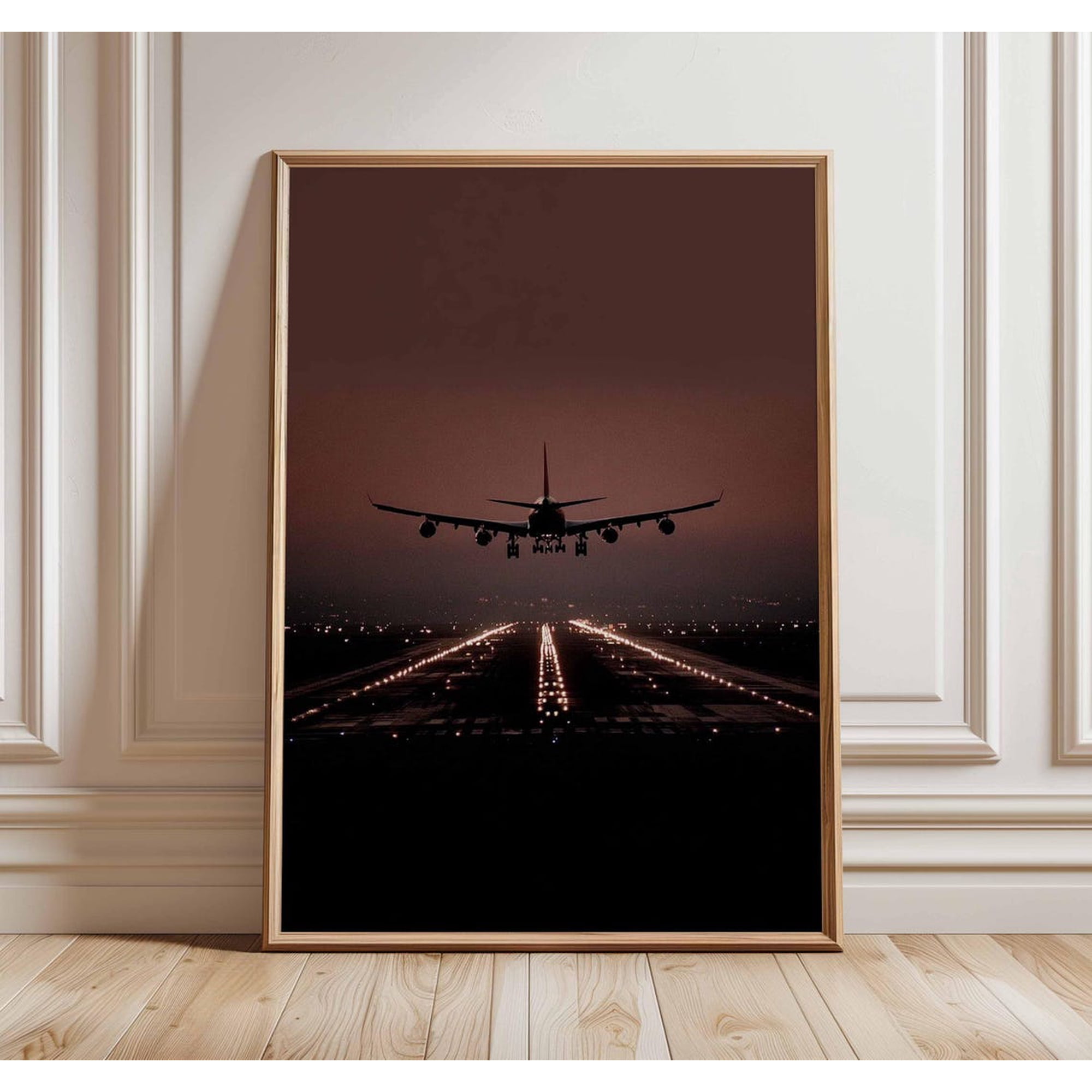 Airplane Landing Aviation Wall Art, Aircraft Runway Pilot Gift, Travel Decor Night Flight Photography Wall Art Print