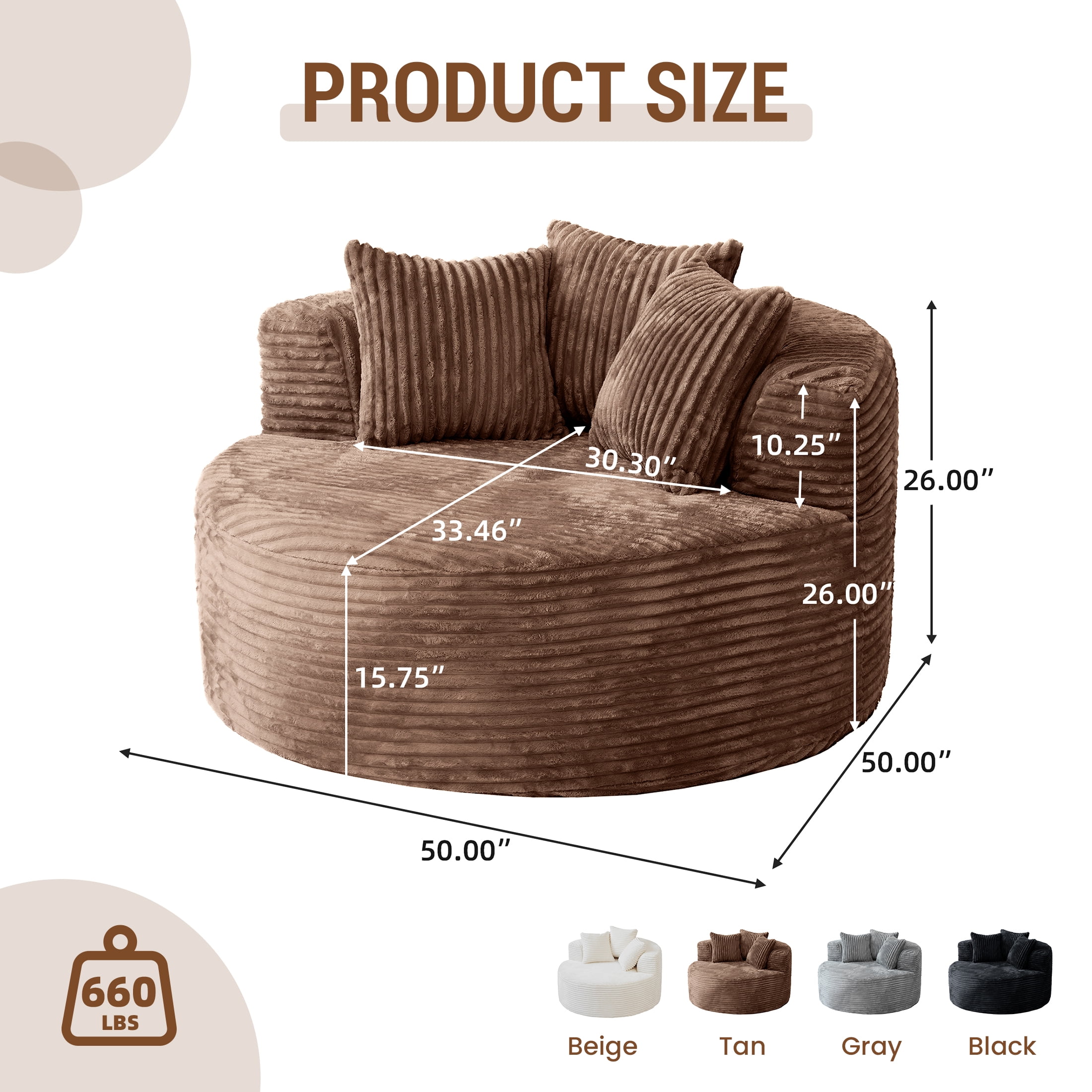 Magic Home Modern Lazy Sofa Foam Couch Sectional Sofa Togo Sofa Floor Sofa for Bedroom,Living Room,Apartment and Small Space,Single Seat Sofa,Brown