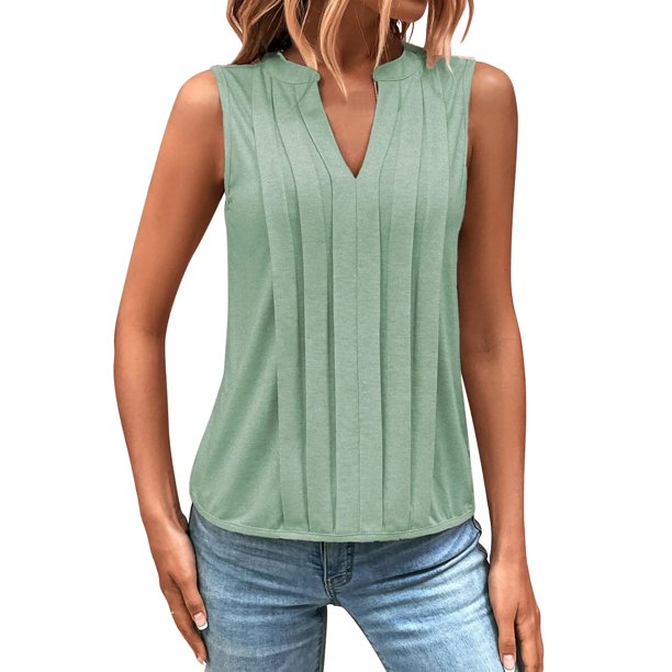 Top sin mangas con cuello en V y pliegues para mujer, poliéster-spandex, tallas S-XXL, elegante/casual, bloques de color