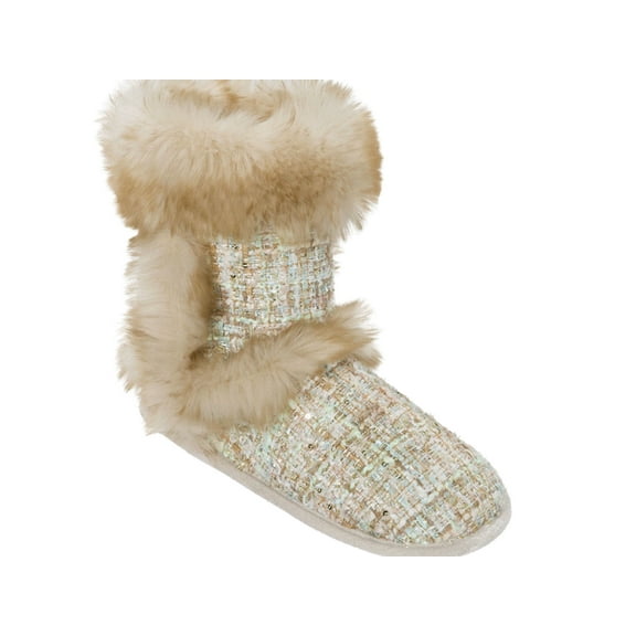 Dearfoams Women's Sequined Boot Slipper Off-White(Small -Shoe Size 5-6)