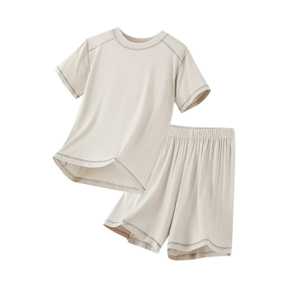 Fesfesfes Kids Short Sleeve Shirts and Elastic Waist Shorts Sets Cotton Summer Outfits for Unisex Children Girls and Boys Breathable Size 3-16Years(Beige,3-4 Years)