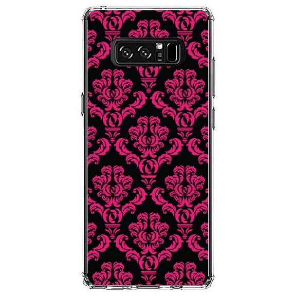 DistinctInk Clear Shockproof Hybrid Case for Samsung Galaxy Note 8 - TPU Bumper, Acrylic Back, Tempered Glass Screen Protector - Black Hot Pink Damask Pattern - Floral Damask Pattern
